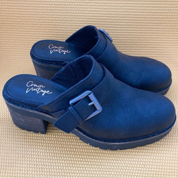 Crown Vintage Size 9m Black Mule Janis Clog Buckle Strap Slip-On Block H… - Picture 1 of 9